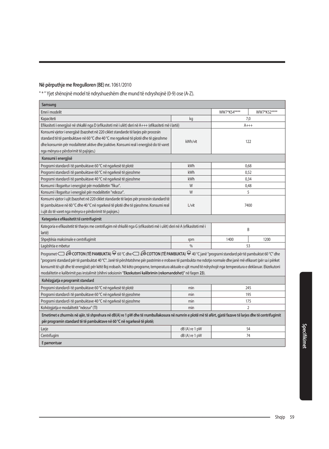 Samsung WW70K5210UW/LE, WW80K5410UW/EO, WW80K5410UW/LV, WW80K5210UW/LE, WW90K5410WW/LE, WW70K5410UW/LE manual Shqip 59  